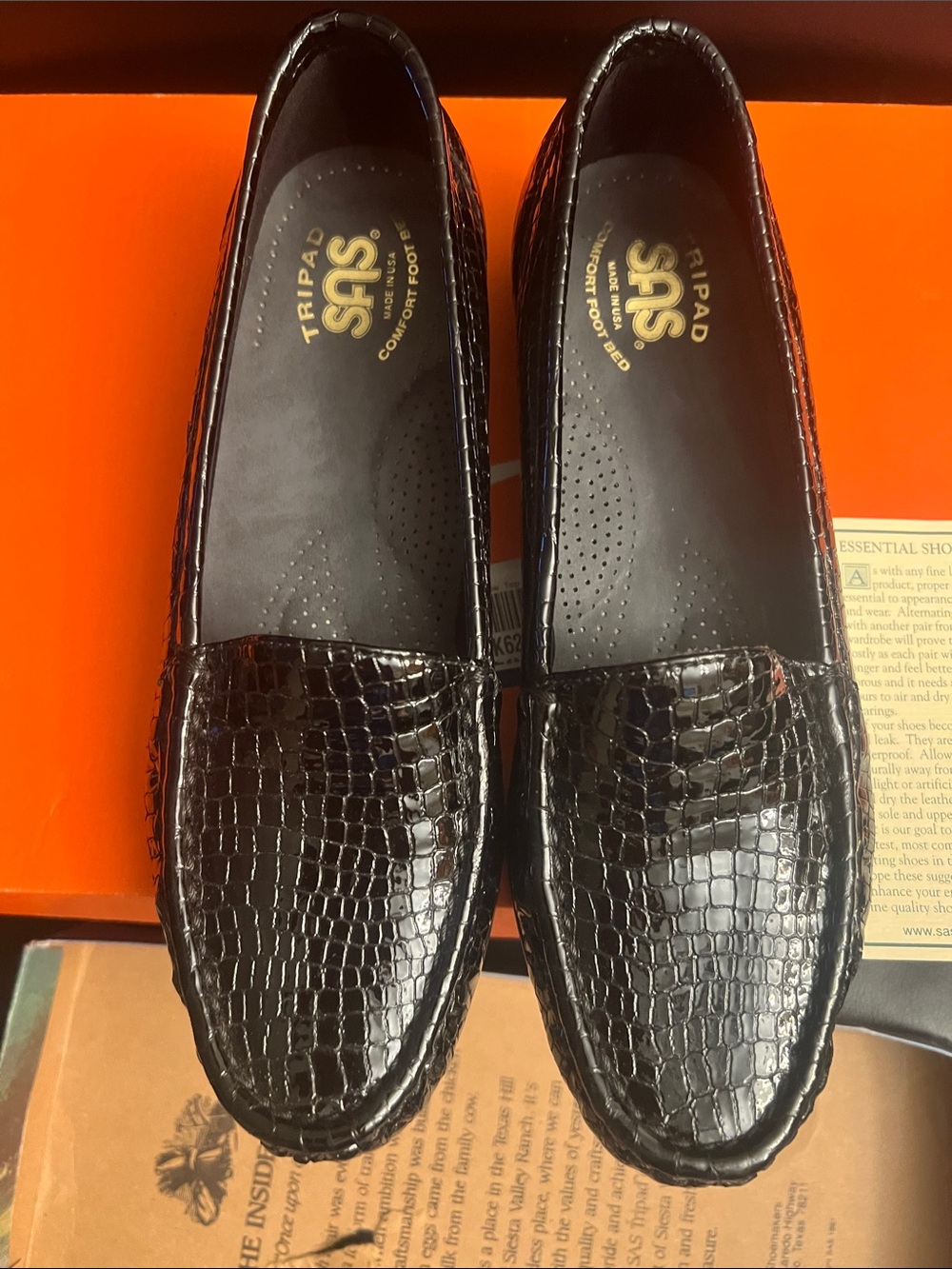 SAS Tripad Black Croc-Embossed Leather Slip-On Loafers for Women